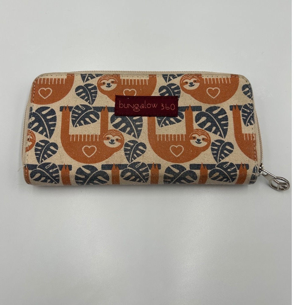 Bungalow 360 Sloth Print Vegan Canvas Zip Accordion Wallet Tan Orange Teal